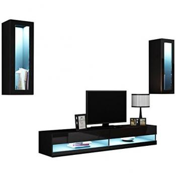 Conjunto de salón moderno Comfivo 211, negro brillante y negro, con mesa de TV y equipo adicional, partes separadas, aglomerado laminado y vidrio templado