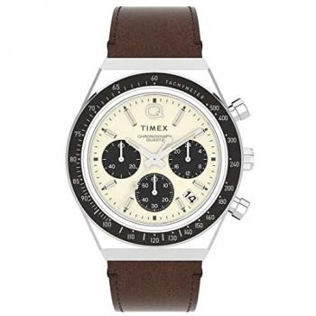Timex Q Diver Chronograph Men's Watch - Beige Leather Strap, One Size