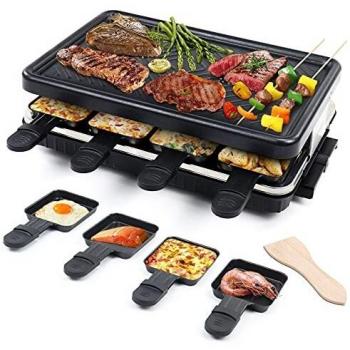 Raclette para 8 Personas Grill Plancha Cocina Portatil Parrilla Barbacoa Electrica Pascua de Mesa Plancha Asar con 8 Mini Sartenes y 4 Espátulas de Madera Parrillas Eléctricas 1300W