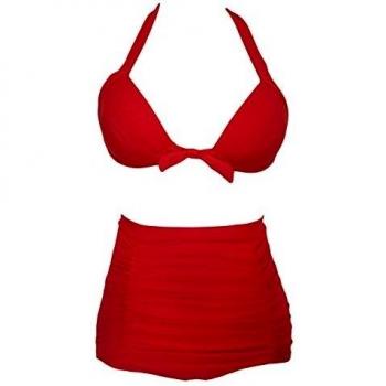 Solid Rojo plisado cintura alta bikini Bañador Tamaño 14