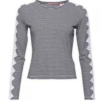 Superdry Mujer Camiseta de Manga Larga con Ribete de Encaje Rayas Negras 38