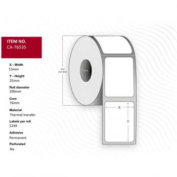Etiqueta de impresora Capture CA-76535, 51 x 25 mm, núcleo 76 mm, transferencia térmica, poliéster, permanente, sin perforación, rollo de 5249 etiquetas, caja de 10 rollos