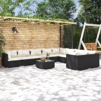10-Piece Black Poly Rattan Garden Lounge Set with Cushions
