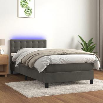Cama blanda box spring con colchón y LED de terciopelo gris oscuro 90x190 cm