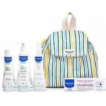 Mustela Mochila Little Moments Rayas con Productos de Cuidado para Bebé
