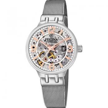 Festina Reloj Automático para Mujer F20579/1 Skeleton con Esfera Plateada y Caja de Acero Inoxidable 316L