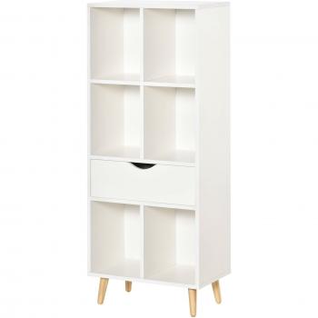 HOMCOM Estantería Librería con 6 Compartimentos Abiertos 1 Cajón y Patas para Almacenamiento de Libros Juguetes 50x29,5x120cm Blanco