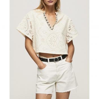 Camisa Mujer Pepe Jeans Priska - Estilo Moderno, Top de mujer con cuello pico y detalles calados