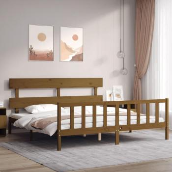 Cabecero de lana redonda con ámbar 200x200 cm y estructura cama de madera maciza marrón miel 200x200 cm