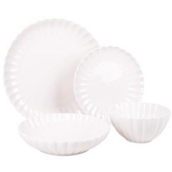 Vajilla de porcelana esmaltada blanca en relieve - Juego de 16 piezas, apta para lavavajillas, microondas y horno