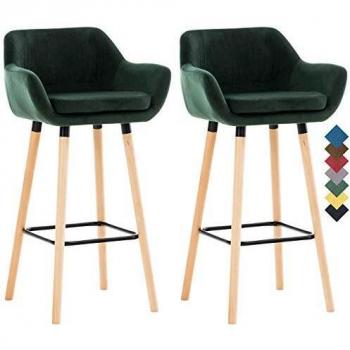 Set de 2 Taburetes de Bar Grant en Terciopelo Verde con Respaldo y Reposabrazos, Estructura de Madera