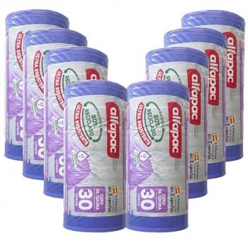 Bolsas de basura Alfapac 80% reciclado 8 rollos de 15 bolsas (120 bolsas) 'Lavanda' 55x60cm 30L autocierre, ultra resistentes, triple capa, antigoteo