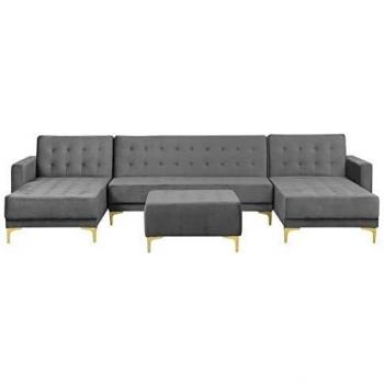 Sofá en forma de U modular de 5 plazas con chaise longue otomana de terciopelo gris dorado Aberdeen