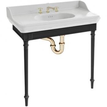 Consola Cléo 1889 Jacob Delafon con encimera de lavabo de 3 orificios, mezclador de lavabo dorado y sifón dorado