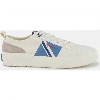Pepe Jeans Allen Flag Vulcanized Low-Top Canvas Sneakers with Logo and Multicolor Details for Men - White