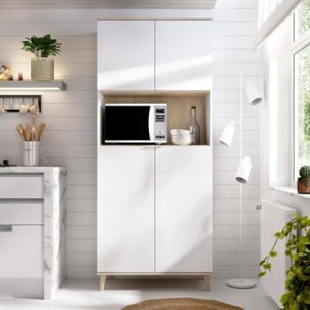Aparador Moderno Spino de 4 Puertas, Despensa de Salón, 80x40x191 cm, Blanco y Roble