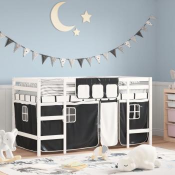 Cama alta para niños con cortinas en negro y blanco, 90x200 cm, de pino