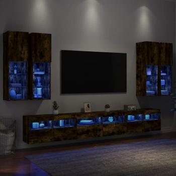 Mueble de pared de TV con luces LED 7 piezas, color roble ahumado, diseño moderno, incluye estantes y espacio para dispositivos multimedia