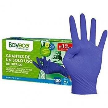 Bayeco - Guantes de un solo uso de Nitrilo - Color Azul - Ambidiestros - Terminación bordillo enrollado - Dedos texturizados para mejor agarre - Pack dispensador de 100 unidades - Talla M