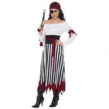 Smiffys Disfraz de Mujer Pirata, Vestido con Tiras para los Brazos, cinturón y Elemento para la Cabeza, Color Negro y Blanco, M-EU Tamaño 40-42