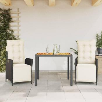 3-Piece Black Poly Rattan Garden Dining Set with Cushions