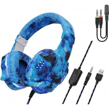 Auriculares gaming DAM SY830MV con micro, luces LED, conexión minijack para PC, portátil, PS4, Xbox One, móvil y tablet, control de volumen, dimensiones 18x8.5x17 cm, color azul