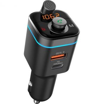 Cargador USB QC3.0 + PD 18W con Bluetooth 5.0, Kit de Coche Manos Libres Inalámbrico, Transmisor FM con Micrófono Giratorio y Reducción de Ru