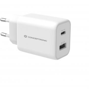 Conceptronic Althea Cargador de Pared 33W con Quick Charge 3.0, Power Delivery (PD), 1 Puerto USB-C y 1 Puerto USB-A, Blanco