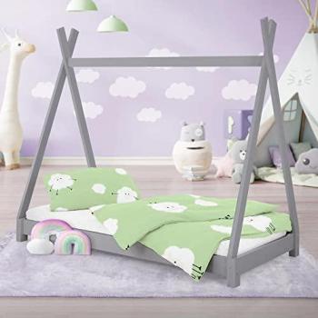 Cama Infantil Tipi Indio 80x160 cm Estructura de Madera de Pino Maciza Color Gris Claro con Somier