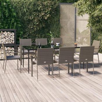 9 Piece Black and Grey Poly Rattan Garden Dining Set with Cushions