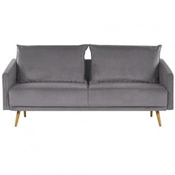 Sofá 3 Plazas de Terciopelo Gris con Respaldo Acolchado y Patas Metálicas Doradas Retro Glam Maura