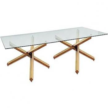 Mesa de Comedor Raffaela de Cristal con Pie Doble Aspa Dorado de Acero Inoxidable - 200x76x100 cm