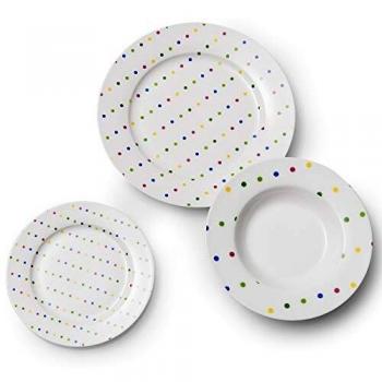 UNITED COLORS OF BENETTON- Vajilla de Porcelana, Para 6 Comensales, 6 Platos Hondos, 6 Llanos y 6 de Postre, Diseño de Puntos de Colores
