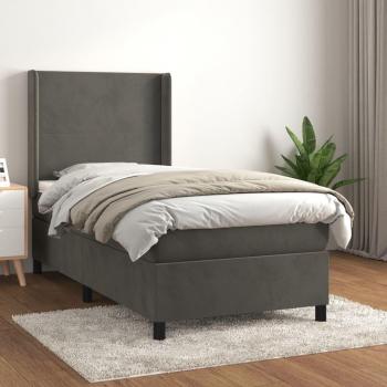 Cama box spring suave con colchón de terciopelo gris oscuro 100x200 cm