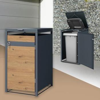 Cobertizo de Acero para 1 Cubo de Basura de 240L en Antracita con Aspecto Roble - Dimensiones 68x80x116,3 cm
