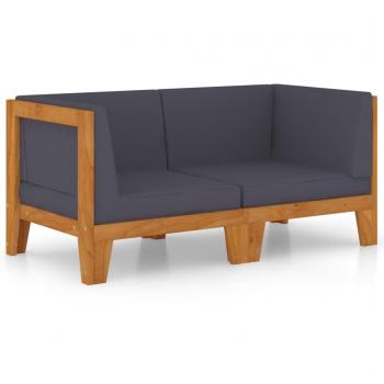 Sofá de 2 plazas con cojines gris oscuro y estructura de madera maciza de acacia