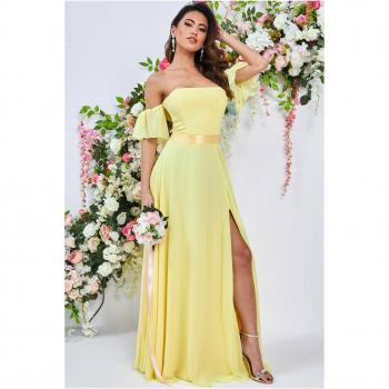 Goddiva Draped Off The Shoulder Maxi Dress with Split - Yellow - Size 14 UK