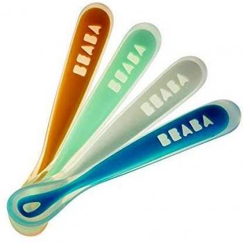 BÉABA, Cucharas de Aprendizaje para Bebé y Niño, Primera Infancia, Lote de 4, Silicona, Suave, Punta redondeada, Mango Ergonómico, Multicolores