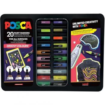 Maletín de metal con 20 rotuladores uni-posca Groovy Colours (pc1m, pc3m, pc5m)