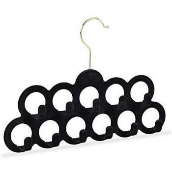 Organizador de Pañuelos y Corbatas con Gancho Giratorio 360°, Antideslizante, 11 Anillas y Ganchos, Velour Negro - Relaxdays