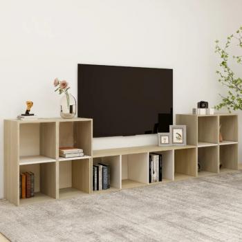 vidaXL Mueble de salón 5 piezas de madera de ingeniería y aglomerado en blanco y roble Sonoma, incluye mueble TV, mesa de TV, y estantes