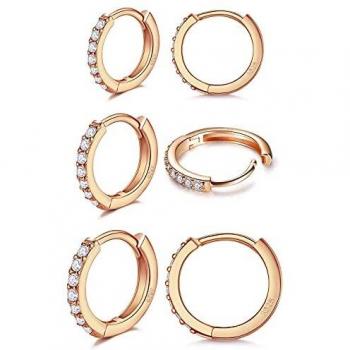 LIHELEI Pendientes de Plata de Circonita Cúbica para Mujer Pendientes de Puño Cartílago Huggies S925 Juego de Pendientes de Plata Esterlina - 3 pares Oro rosa