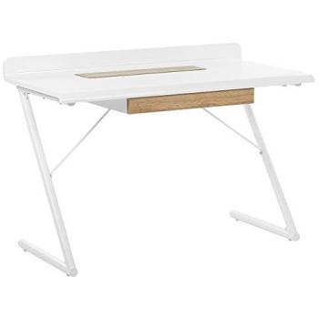 Escritorio Escandinavo Blanco y Madera Clara MDF 120 x 60 cm con 1 Cajón y Patas de Metal