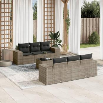 Set de sofás de jardín 7 piezas con almohadas grises en Polyrattan