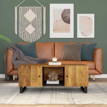 Mesa de centro de madera maciza de mango y contrachapada, dimensiones 100x54x40 cm, color marrón