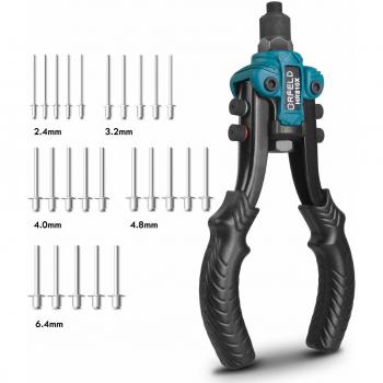 Orfeld Remachadora, Remachadora Manual con 5 Cabezales Intercambiable, Empuñadura de Antideslizante PVC, Juego Pistola Remachadora 5 en 1 con remaches de 6 tamaños, para Uso en Interiores y Exteriores