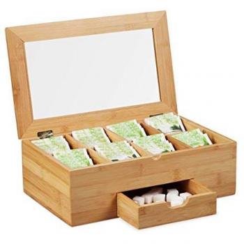 Caja de Té de Bambú con Ventana, 8 Compartimentos y Cajón, Dimensiones 11x33x20 cm, Natural