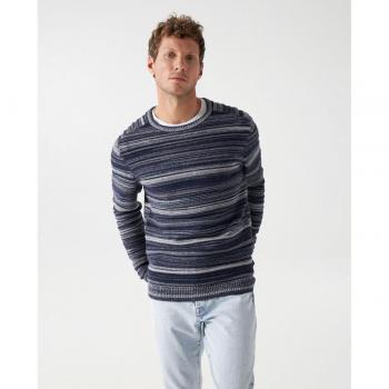Jersey de punto azul marino jaspeado con rayas y cuello redondo para hombre