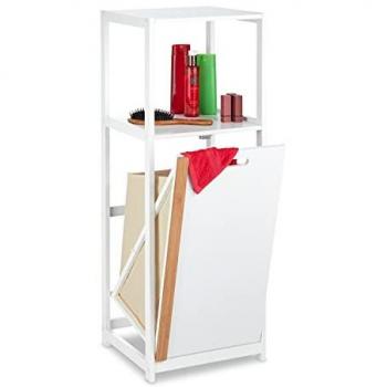 Estantería con Cesto para Ropa Sucia, Mueble de 2 Baldas, Compartimentos Abatibles, MDF y Bambú, 98x36x30cm, Blanco/Natural