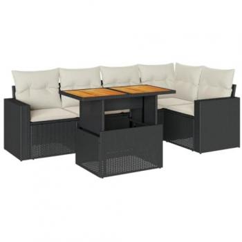 6-Piece Black Poly Rattan Garden Sofa Set with Cushions